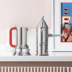 Alessi La Conica Manico Lungo Espresso Coffee Maker, Steel - Light Blue -Kitchenware Shop 0022 9090 90002 100 amb 1x1