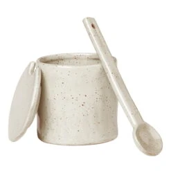 Ferm LIVING Flow Jam Jar With Spoon, Off - White Speckle